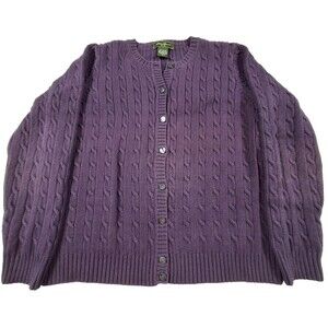 Eddie Bauer Women's Cardigan Sweater Petite M Purple Cotton Cable Knit
